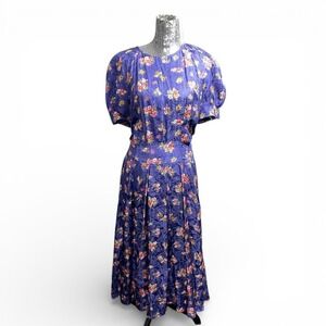 Vintage 80s Cottagecore Silk Midi Puff‎ Sleeve Floral Pleated Waist Dress Large